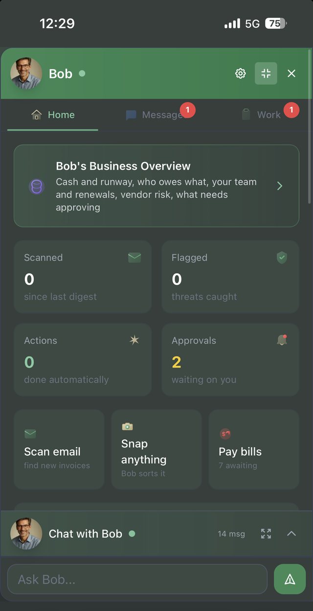 Bob in the mobile app showing approvals waiting