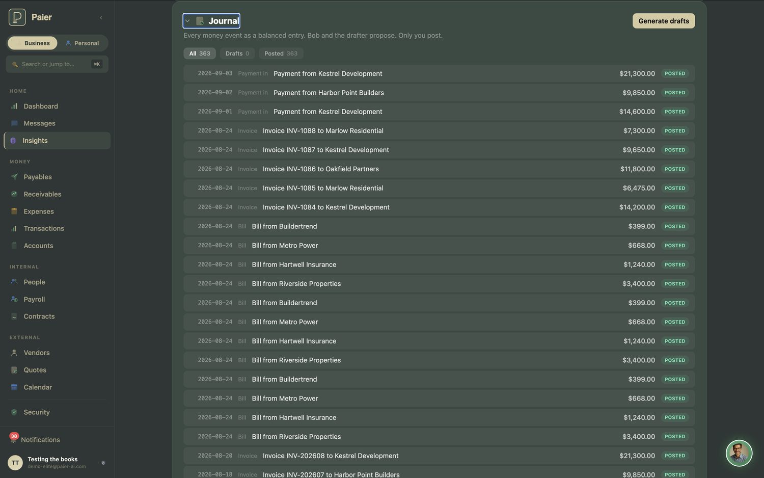 Journal with 363 posted entries and no drafts