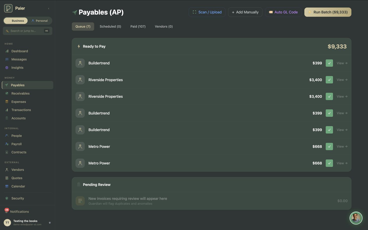 The payables queue with a batch total